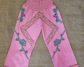 Kids Pink Shipibo Embroidered Trousers with Pockets | KIDS Clothing | Sacred Shipibo | Shipibo Art | Ceremony Clothing