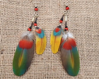 Long Shipibo Feather Earrings  | 15cm long | Shipibo Earrings | Ayahuasca Ceremony Jewellery | Tribal Earrings