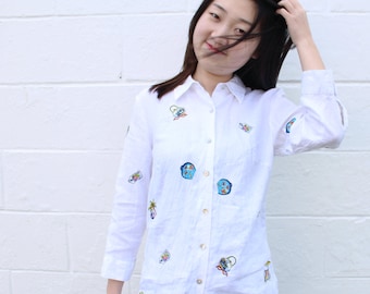 White Embroidered Linen Blouse