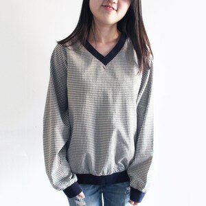 SALE Vintage Gingham Shirt Checkered V Neck Sweater Picnic Shirt Checker Print Top V Neck Plaid Sweat shirt Checker Print Sweatshirt