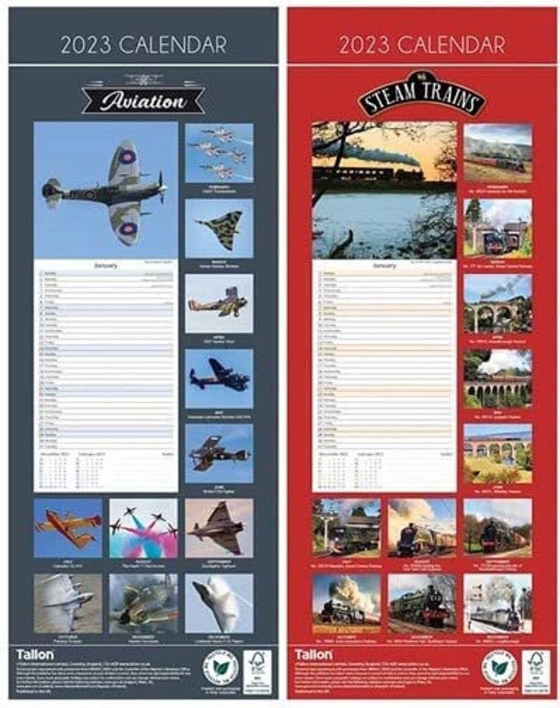Slim Calendar 2023 Aviation Steam Trains Wall Hanging Month to Date