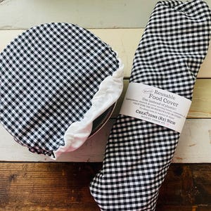 Reusable bowl covers in "Black Gingham" print: a black and white small (1/4 inch) gingham pattern.