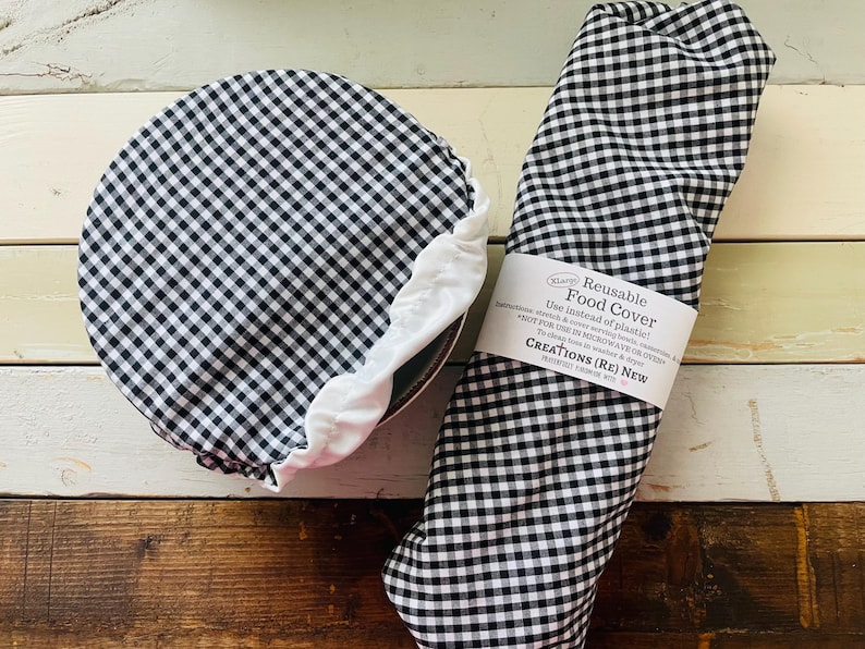 Reusable bowl covers in "Black Gingham" print: a black and white small (1/4 inch) gingham pattern.