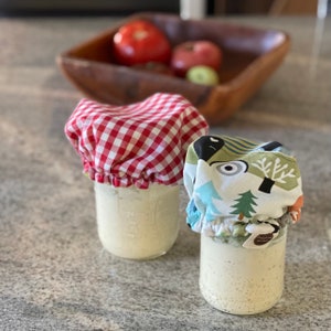 May include: Two glass jars filled with a light-coloured substance, each covered with a fabric lid. One lid is red and white checkered, the other features a colourful forest and animal print. A wooden bowl with tomatoes is in the background.
