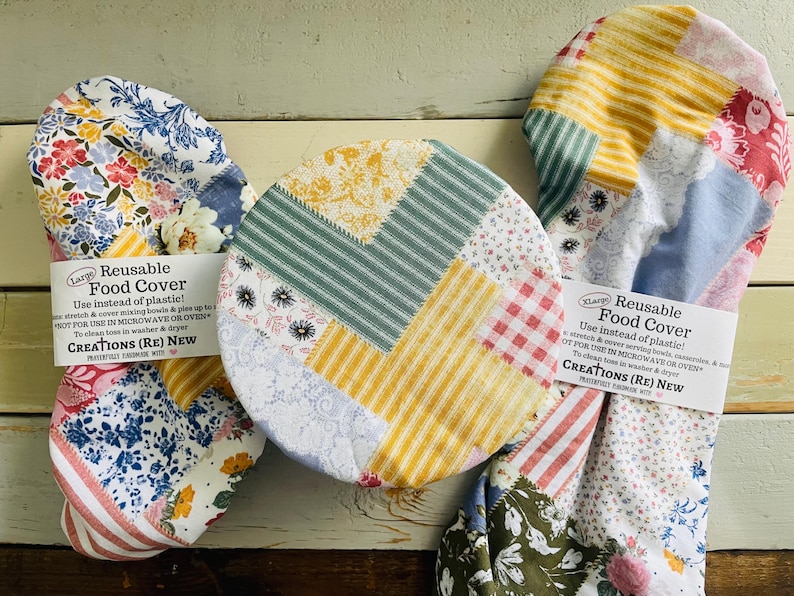 Reusable bowl cover in “Boho Patchwork” Print: various floral and striped patterns in shades of blue, yellow, red, and green.