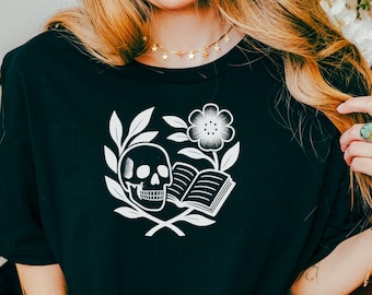 Reading Shirt, Skeleton Reading Shirt, Punk Rock Reading, Gothic Tee, Bookworm Shirt, Book Lover Shirt, Witchy Bookish, Floral Skull Shirt