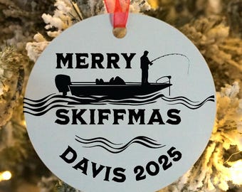Custom Fishing Christmas Ornament, Boating Ornament, Skiff Boat Gifts, Personalized Name and Year