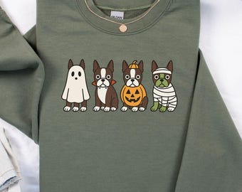 Brown Boston Terrier Halloween Sweatshirt, Ghost Dog Halloween Shirt, Red Boston Terrier Shirt for Halloween, Boston Terrier Gifts