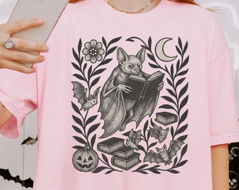 Dark Academia Bat Reading Shirt, Halloween Book Lover Tee, Gothic Reader Shirt, Spooky Season, Librarian Gift, Bookish Bat Tee