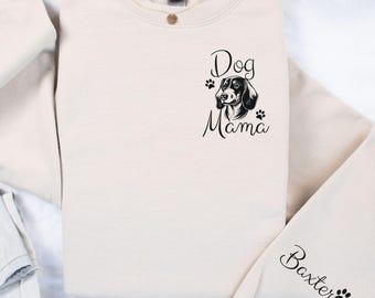 Personalized Dachshund Dog Mom Sweatshirt, Wiener Dog Mom Gift Personalized, Custom Dog Name on Sleeve Sweatshirt