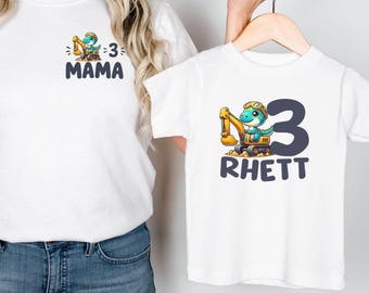 Personalized 3rd Birthday Dinosaur Excavator Toddler Shirt, Third Birthday Tractor Shirt, Family Matching Dinosaur Excavator Shirts