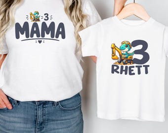 Personalized 3rd Birthday Dinosaur Excavator Toddler Shirt, Third Birthday Tractor Shirt, Family Matching Dinosaur Excavator Shirts