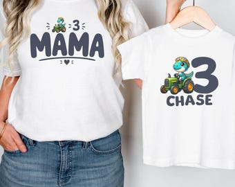 Personalized 3rd Birthday Dinosaur Tractor Toddler Shirt, Third Birthday Tractor Shirt, Family Matching Dinosaur Tractor Shirts