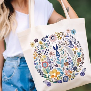 Scandinavian Folk Art Botanical Tote Bag Floral Folk Art Scandinavian Bag Scandinavian Gift for Hippie Boho Bag Reusable Grocery Bag Farmers