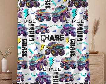 Personalized Retro Monster Truck Blanket Custom Monster Truck Blanket Trucks Blanket Name Blanket for Boys Personalized Baby Blanket Toddler