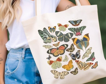 Vintage Butterfly Canvas Tote Bag for Butterfly Lovers Nature Tote Bag Butterfly Tote Bag Boho Tote Bag Reusable Grocery Shopping Bag Gift