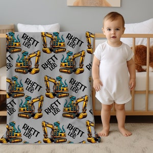 Personalized Dinosaur Blanket Custom Excavator Blanket Construction Blanket Tractor Blanket for Boys Personalized Baby Blanket Name Blanket