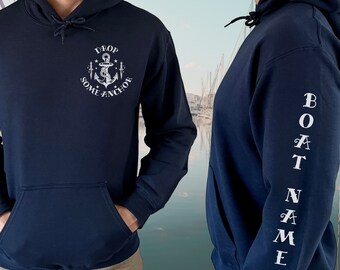 Custom Boat Name on Sleeve of Hoodie for Men Boating Sweatshirt Personalized Boat Name Gift for Men Boating Gifts for Captain Boat Gift