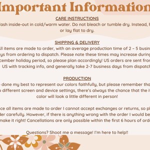 May include: Important information about care instructions, shipping and delivery, and production for handmade items. The text includes details about washing, drying, production time, shipping times, and color variations.