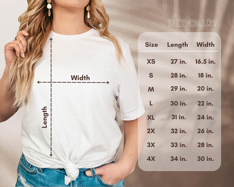 K&ouml;nnte beinhalten: Gr&ouml;&szlig;entabelle f&uuml;r ein wei&szlig;es T-Shirt mit Ma&szlig;en in Zoll f&uuml;r die Gr&ouml;&szlig;en XS, S, M, L, XL, 2X, 3X und 4X. Die Tabelle zeigt die L&auml;nge und Breite jeder Gr&ouml;&szlig;e.