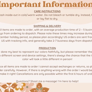 May include: Important information about care instructions, shipping and delivery, and production for handmade items. The text includes details about washing, drying, production time, shipping time, and colour variations.