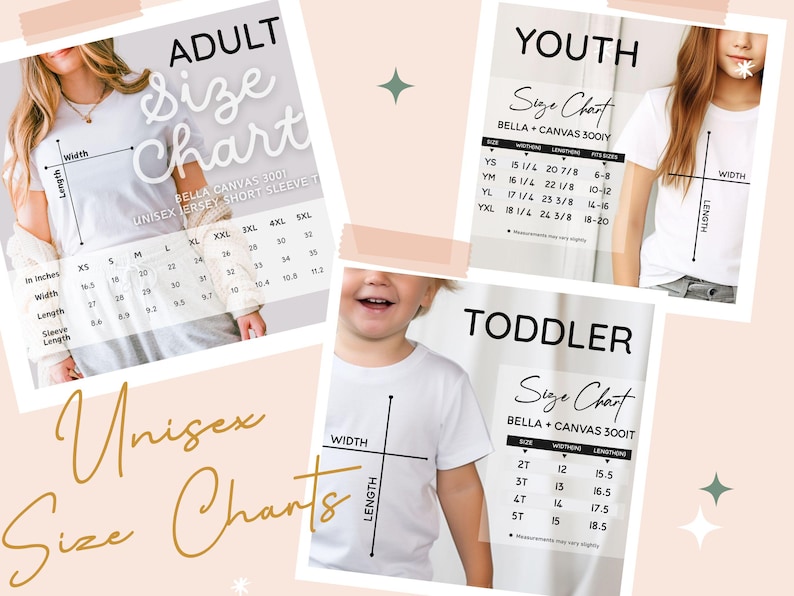 May include: A composite image featuring size charts for unisex t-shirts. Charts are provided for adult, youth, and toddler sizes, with measurements in inches. The charts include width, length, and sleeve length measurements.