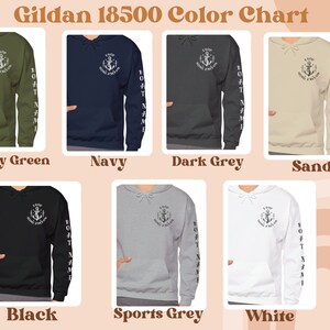 May include: Color chart showing different colors of Gildan 18500 hooded sweatshirts. The colors include military green, navy, dark grey, sand, black, sports grey, and white. Each sweatshirt has a small anchor graphic on the front and the text "FOT" on the sleeve.