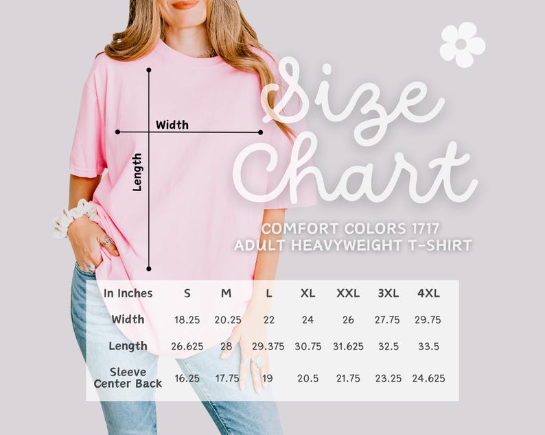 K&ouml;nnte beinhalten: Gr&ouml;&szlig;entabelle f&uuml;r schwere T-Shirts f&uuml;r Erwachsene in Comfort Colors 1717. Die Tabelle zeigt die Ma&szlig;e in Zoll f&uuml;r Breite, L&auml;nge, &Auml;rmel und R&uuml;ckenmitte f&uuml;r die Gr&ouml;&szlig;en S, M, L, XL, XXL, 3XL und 4XL.