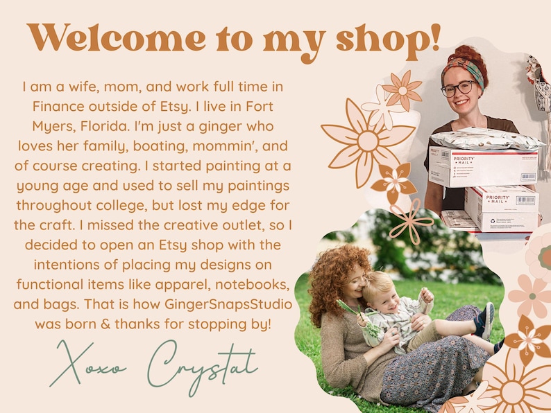 May include: An Etsy shop welcome graphic with text that reads "Welcome to my shop!" and a photo of the shop owner holding packages. The shop owner is a ginger who loves creating and sells designs on functional items.