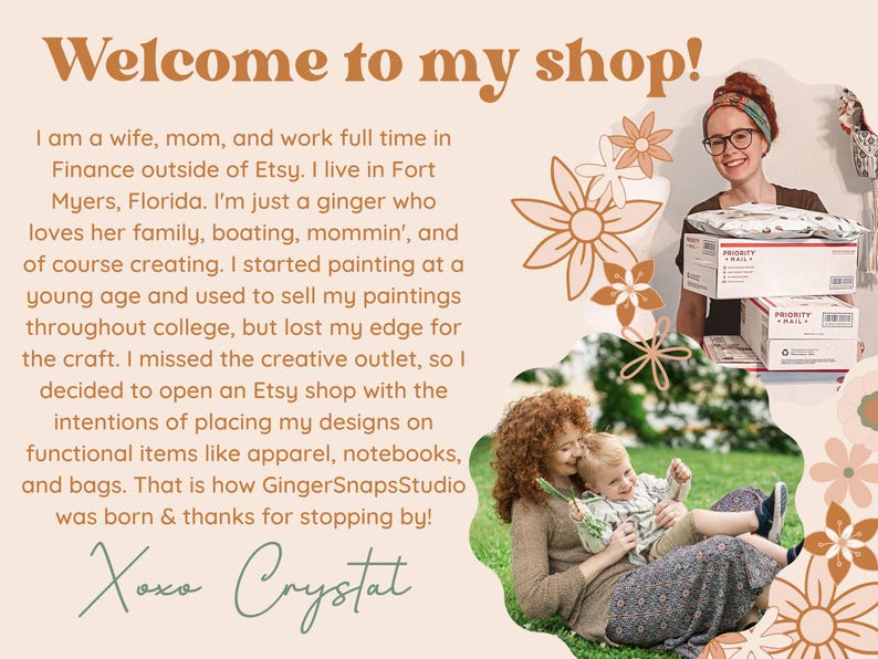 K&ouml;nnte beinhalten: Willkommen in meinem Shop! Ich bin eine Frau, Mutter und arbeite Vollzeit im Finanzwesen au&szlig;erhalb von Etsy. Ich wohne in Fort Myers, Florida. Ich bin einfach eine Rothaarige, die ihre Familie, Bootfahren, Mamasein und nat&uuml;rlich das Kreieren liebt. Ich habe schon in jungen Jahren mit dem Malen angefangen und meine Bilder w&auml;hrend des Studiums verkauft, aber dann verlor ich meinen Vorteil in diesem Bereich. Ich vermisste die kreative Ausdrucksm&ouml;glichkeit, also beschloss ich, einen Etsy-Shop zu er&ouml;ffnen, um meine Designs auf funktionale Artikel wie Kleidung, Notizb&uuml;cher und Taschen zu bringen. So entstand GingerSnapsStudio und vielen Dank f&uuml;r Ihren Besuch! Xoxo Crystat