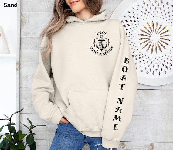 Custom Boat Name on Sleeve of Hoodie for Men Boating Sweatshirt Personalized Boat Name Gift for Men Boating Gifts for Captain Boat Gift