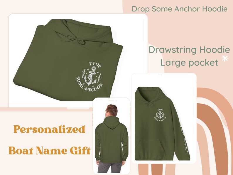 May include: A green drawstring hoodie with a large pocket and a white anchor graphic on the front. The graphic says "Drop Some Anchor".
