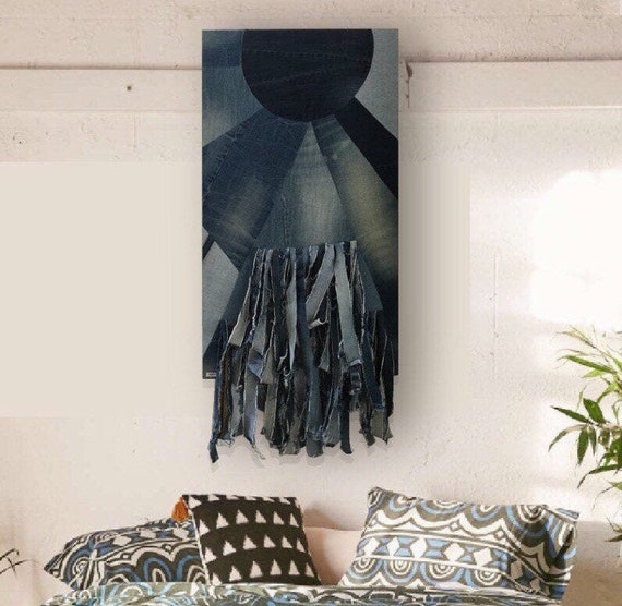Moon Artwork, Wall Hanging, Canvas of Recycled Denim