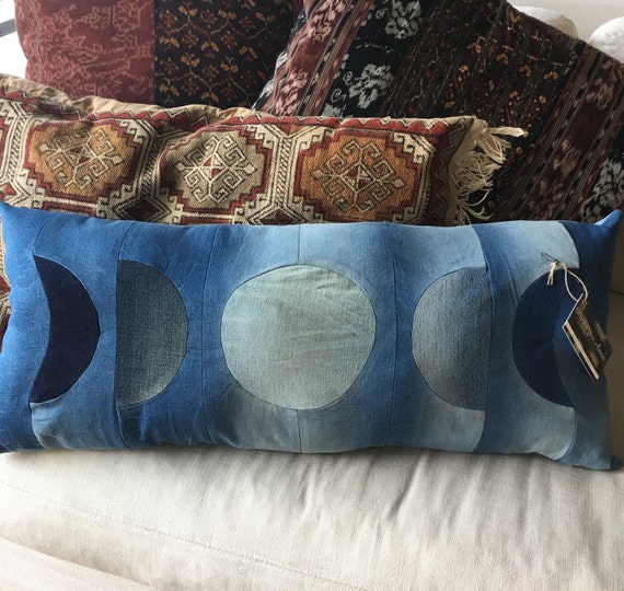 Denim Pillow, Moon Phases, moon cycles, moons, throw pillow, bohemian home, home decor