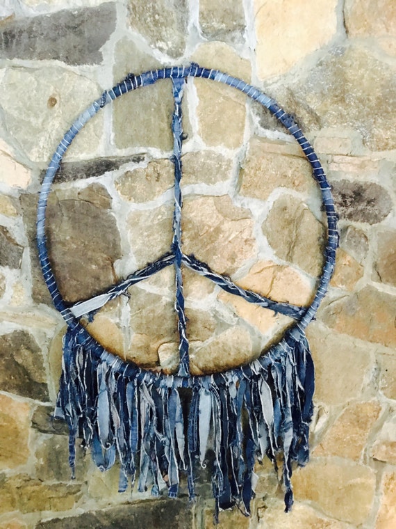 Peace Sign, Wall Hanging, Recycled Denim Artwork of Peace Sign