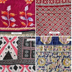 May include: A collage of four vintage Kantha textiles featuring distinct patterns. Top left: dark pink with floral motifs. Top right: red and black geometric diamonds. Bottom left: black, coral, and white patterns. Bottom right: blue, yellow, and white paisley.