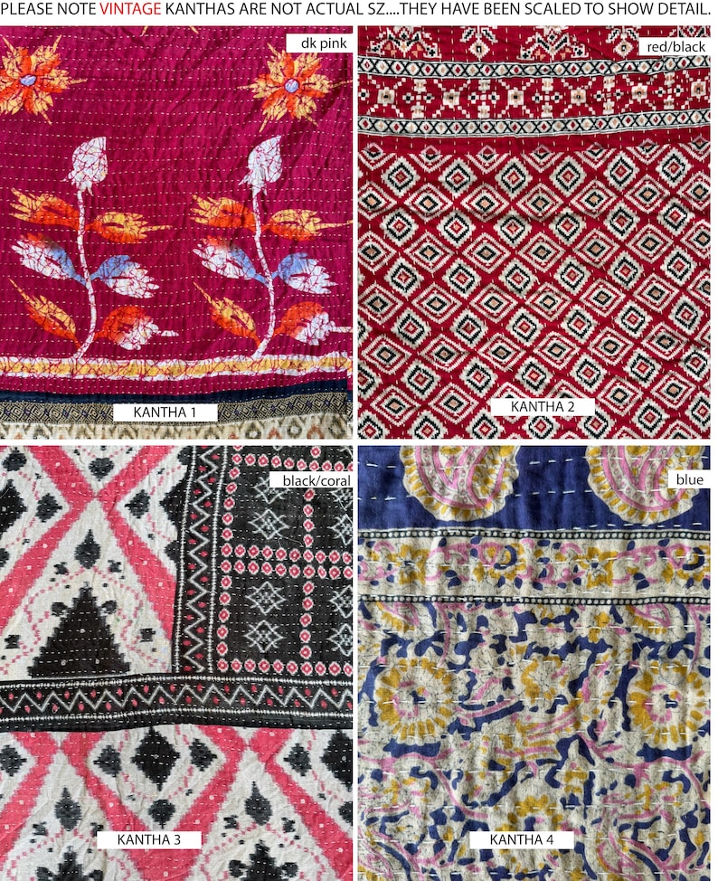 May include: A collage of four vintage Kantha textiles featuring distinct patterns. Top left: dark pink with floral motifs. Top right: red and black geometric diamonds. Bottom left: black, coral, and white patterns. Bottom right: blue, yellow, and white paisley.