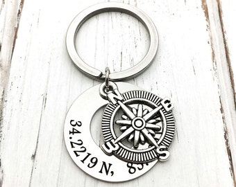 30mm Coordinate keychain with a compass charm/ personalized coordinate keychain/ yachtie club/ yacht club/ mariner/crew/sailor