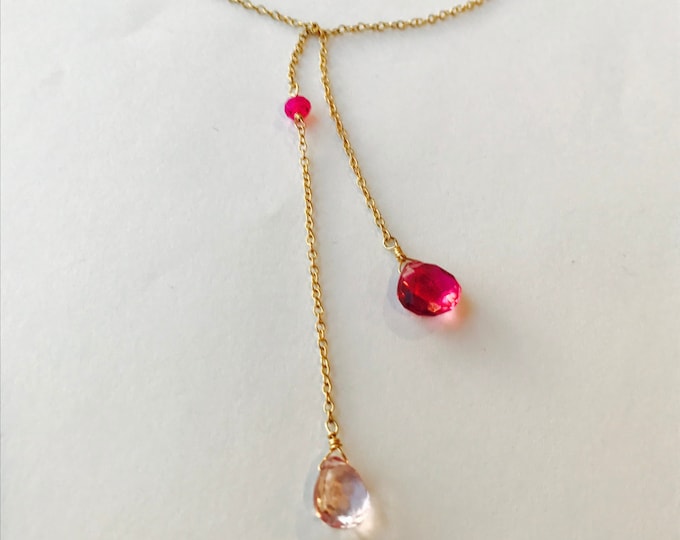 Valentine's Day gift Pink Quartz Necklace Briolette Necklace Lariat layering Necklace Gemstone Necklace Lariat Necklace Pink  Lariat