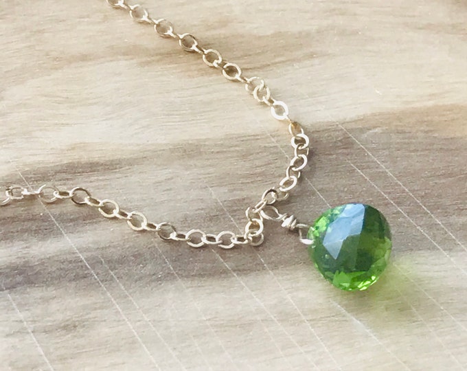 Peridot Necklace Briolette Healing Necklace August Birthstone Minimalist Layering Necklace Charm Necklace 14 k gold fill Dainty necklace