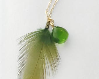 Peridot Necklace Feather Necklace Feather Peridot Necklace Boho Necklace August Birthstone Layering Necklace Charm Necklace Dainty necklace
