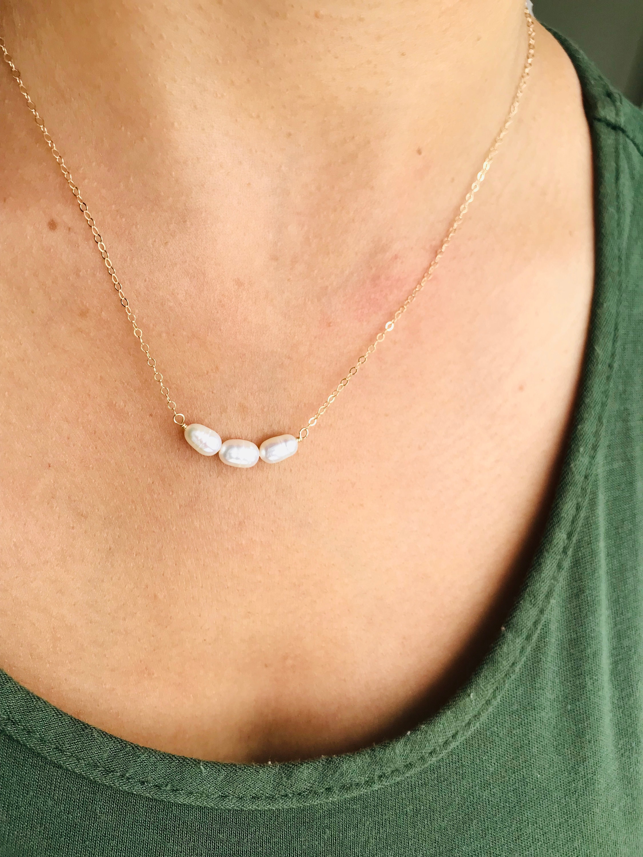 Pearl Necklace Three Pearl necklace 14 k Gold Fill necklace June