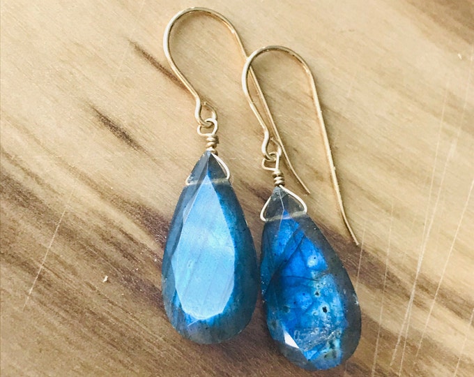 Labradorite Earrings Briolette Earrings Gift for her Gift for women 14 k  Gold Fill Earrings Blue Flash Labradorite