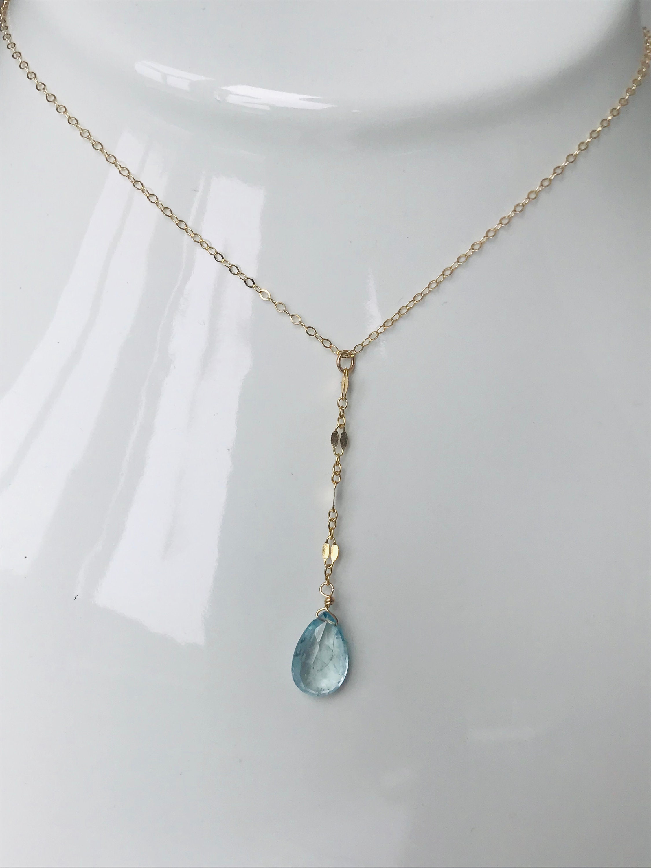 Aquamarine Necklace Y Necklace Briolette Necklace Aquamarine Minimalist ...