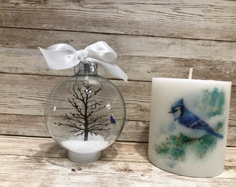 Blue Jay Gift Set - Blue Bird Ornament with blue bird Candle Gift Set