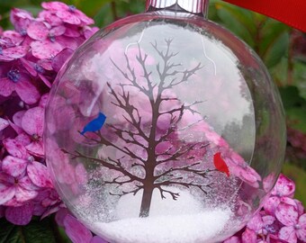 Cardinal and Blue Jay Christmas Ornament, Glass winter bird ornament, Rustic Christmas tree decor