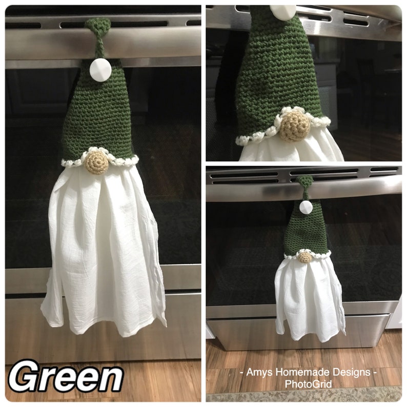 Green gnome hat with his nose poking out from under the brim of his hat, the button is used to attach the holder. There is a wide ring hidden underneath the hat, where you pull the towel through. When the towels get dirty, you can easily replace.