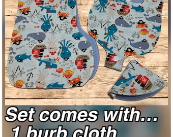 Baby Boy Gift Set, New Mom Essentials, Binky, Bib, Tee Pee & Burp Cloth, Comes in all kinds of fabric prints, shark, baseball, tools...