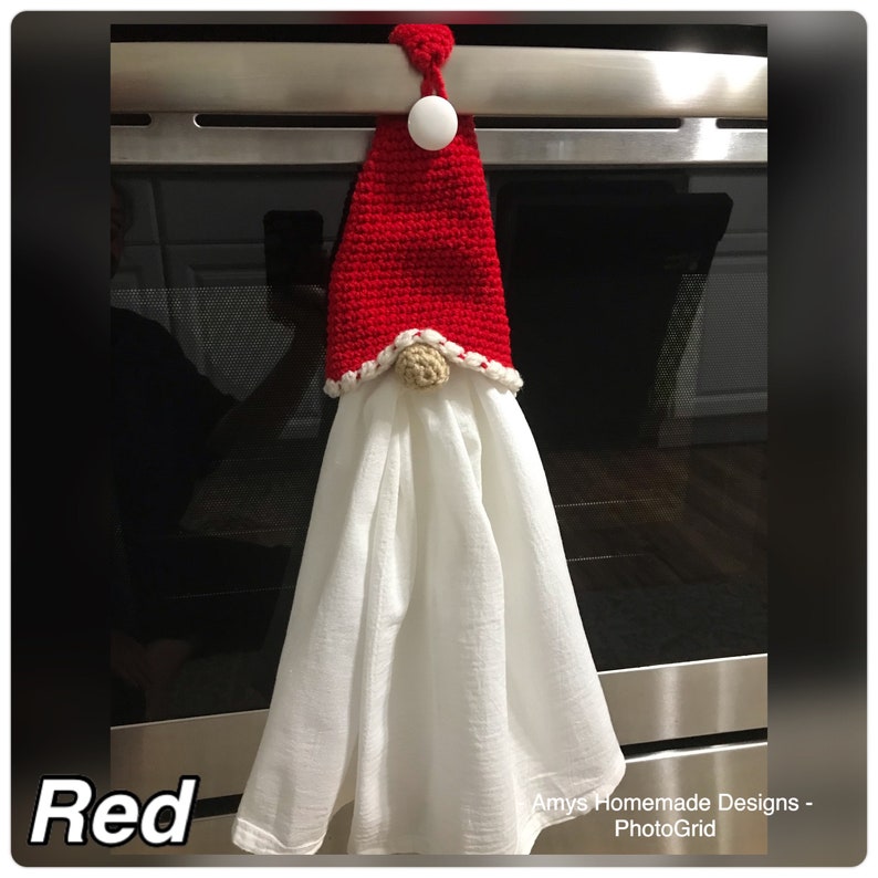 Red gnome hat with his nose poking out from under the brim of his hat, the button is used to attach the holder. There is a wide ring hidden underneath the hat, where you pull the towel through. When the towels get dirty, you can easily replace.