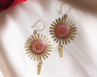 Pink Daisy Earrings, 14/20k Gold Filled Hook Earrings, Sunflower Dangle Earrings, Women Flower Jewelry, Autumn Daisy Earrings, Huge Earrings